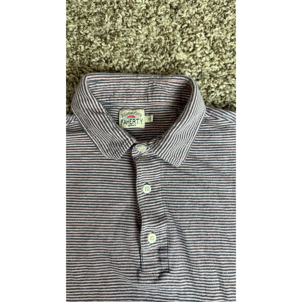 Faherty Polo Shirt Mens Small Blue/Pink Striped Pocket 100% Cotton Short Sleeve
